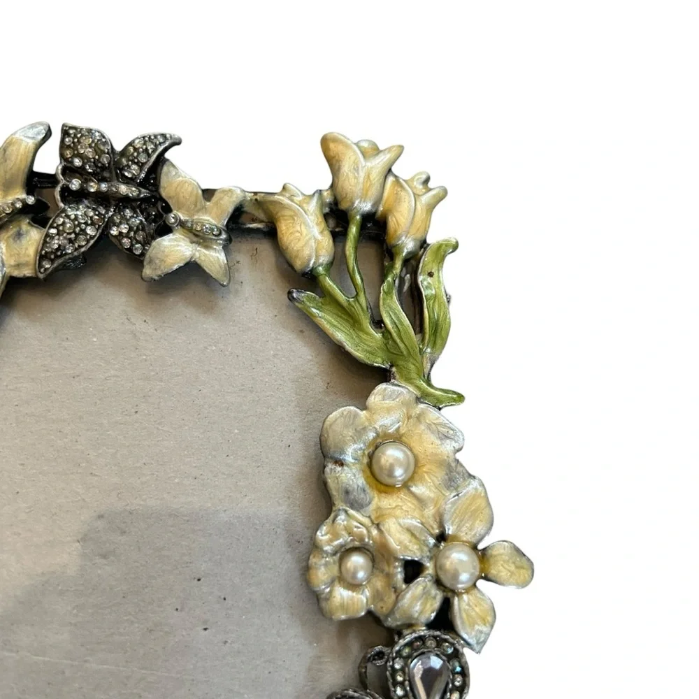 Sicura Silver Tone Metal Photo Frame Floral Butterfly Enamel Rhinestones 4” x 6”
